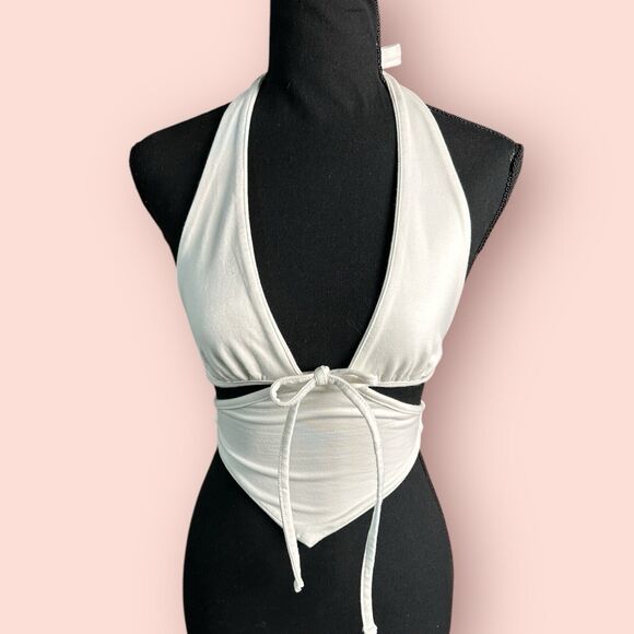 Edikted White Cady Strappy Cut Out Halter Top Size Small Summer Crop Tie Front - Picture 1 of 4
